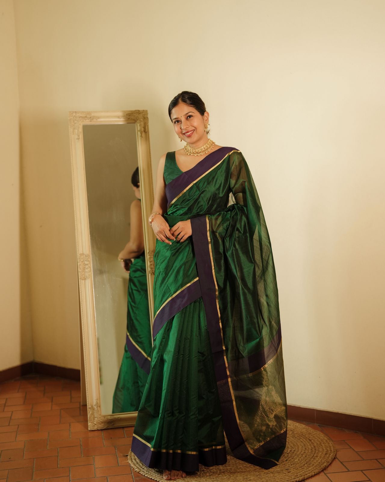 Dark green and blue Chanderi silk saree with silk border
