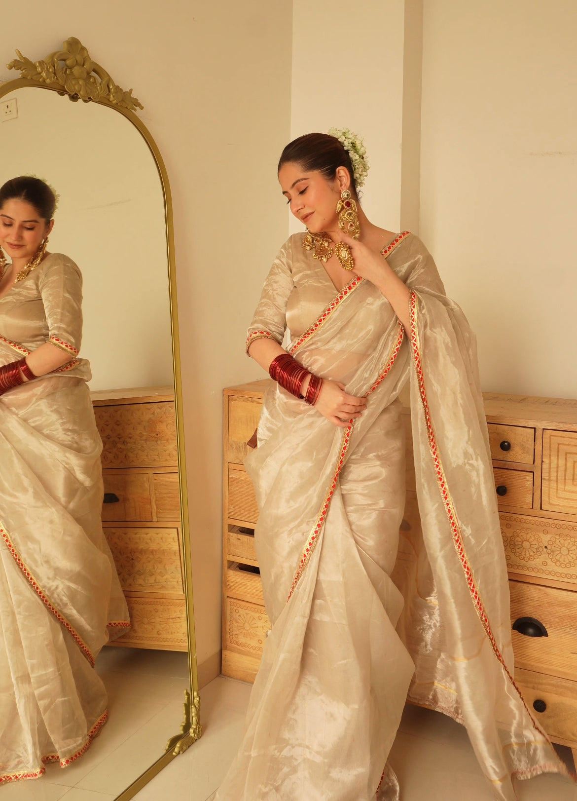 Chantilly cream and red Chanderi tissue silk saree with zari bootis all over