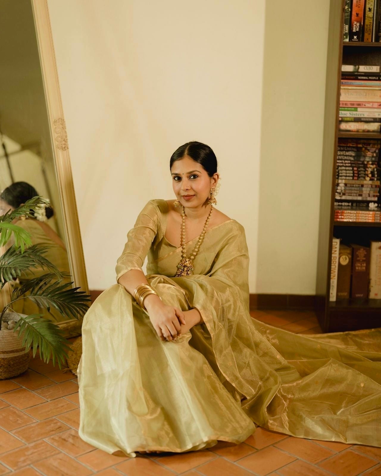 Olive gold Maheshwari tissue silk saree with zari bootis all over