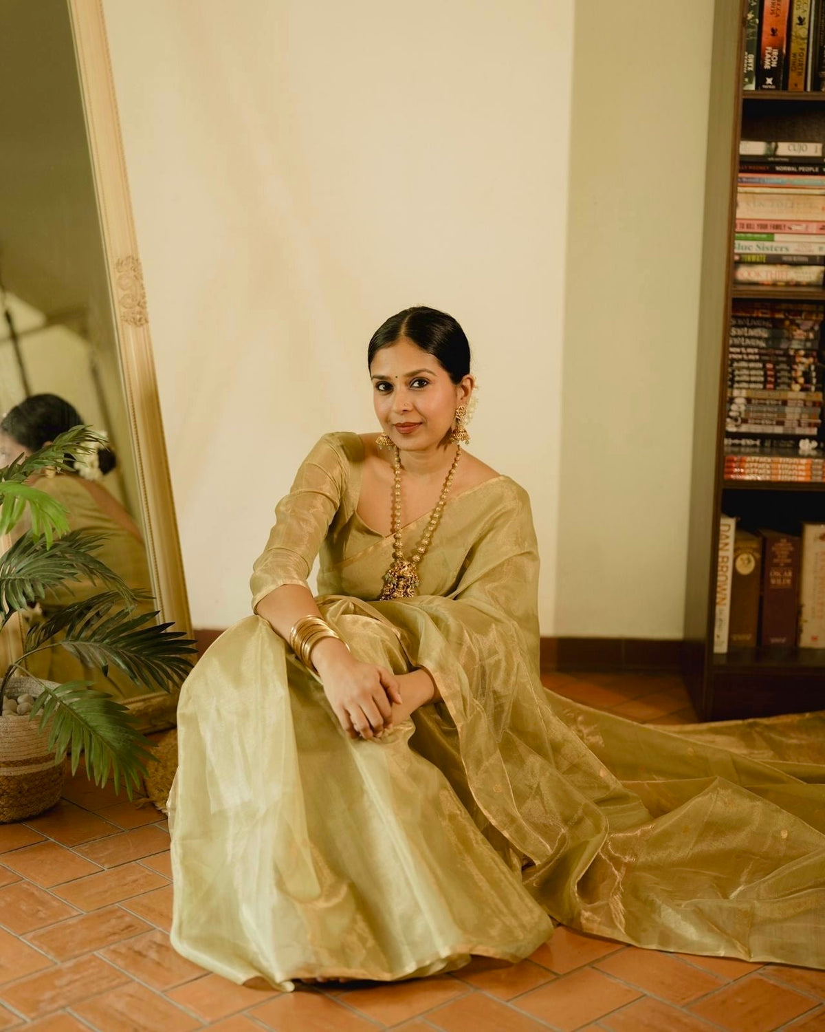 Olive gold Maheshwari tissue silk saree with zari bootis all over