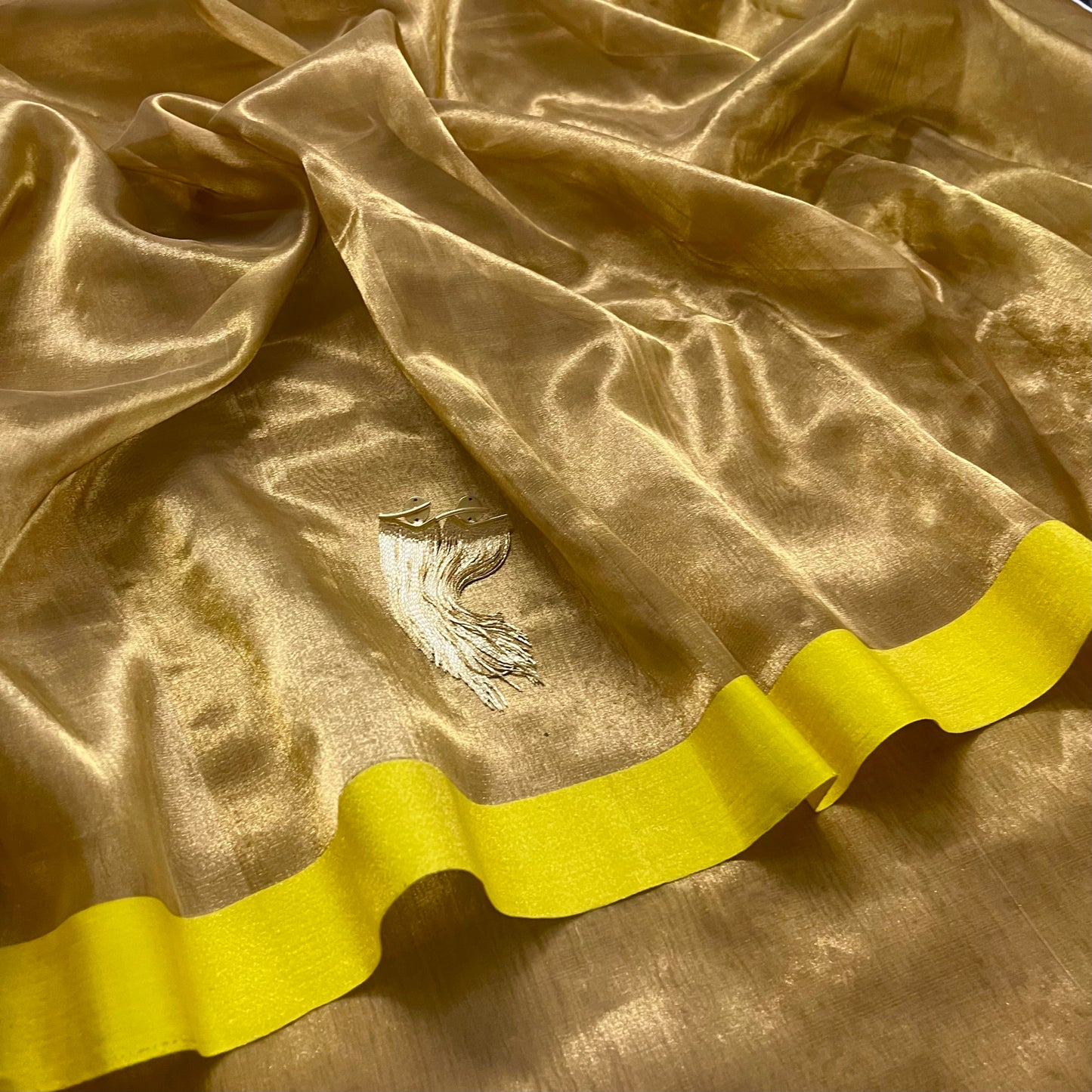 Gold and lemon Chanderi tissue silk with zari lines on pallu