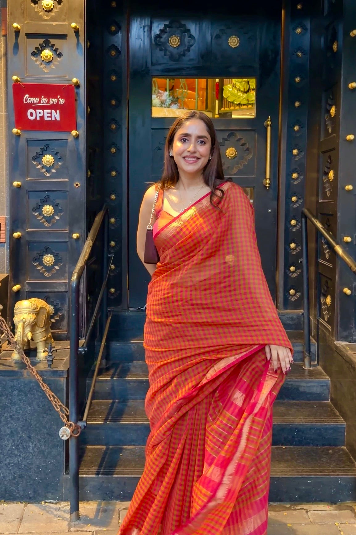 Pink and Olive Maheshwari checkered saree with zari border