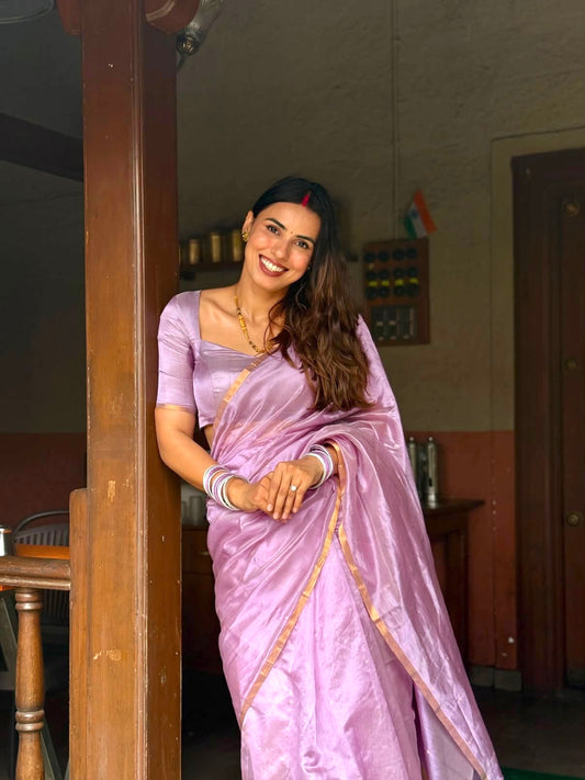 Mauve Chanderi silk saree with zari bootis all over