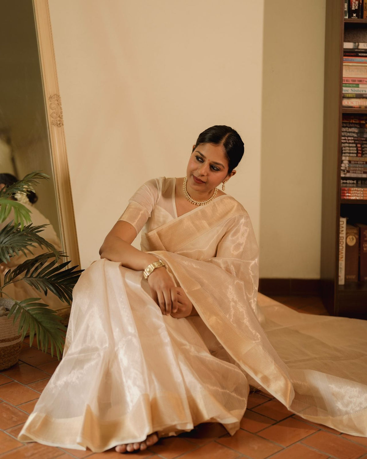 Off white gold Maheshwari saree with zari lines all over