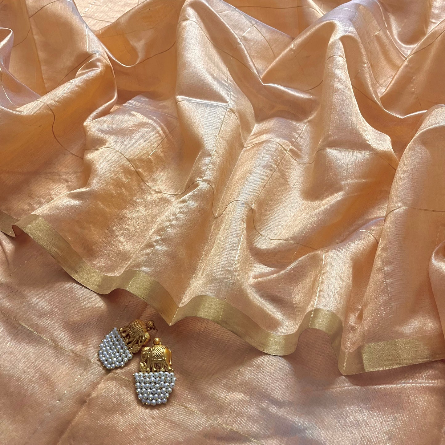Sand beige Chanderi silk saree with zari checks all over