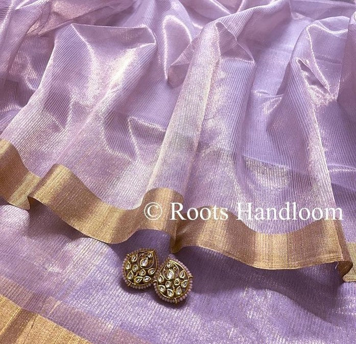 Mauve Maheshwari saree with gold zari lines all over