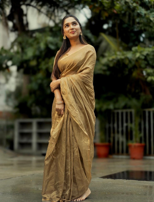 Antique gold maheshwari tissue silk saree