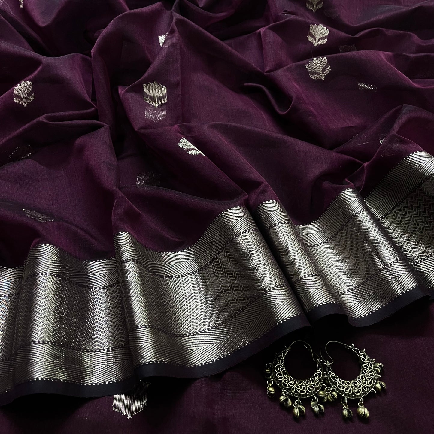 Deep wine Maheshwari saree with flower motifs all over
