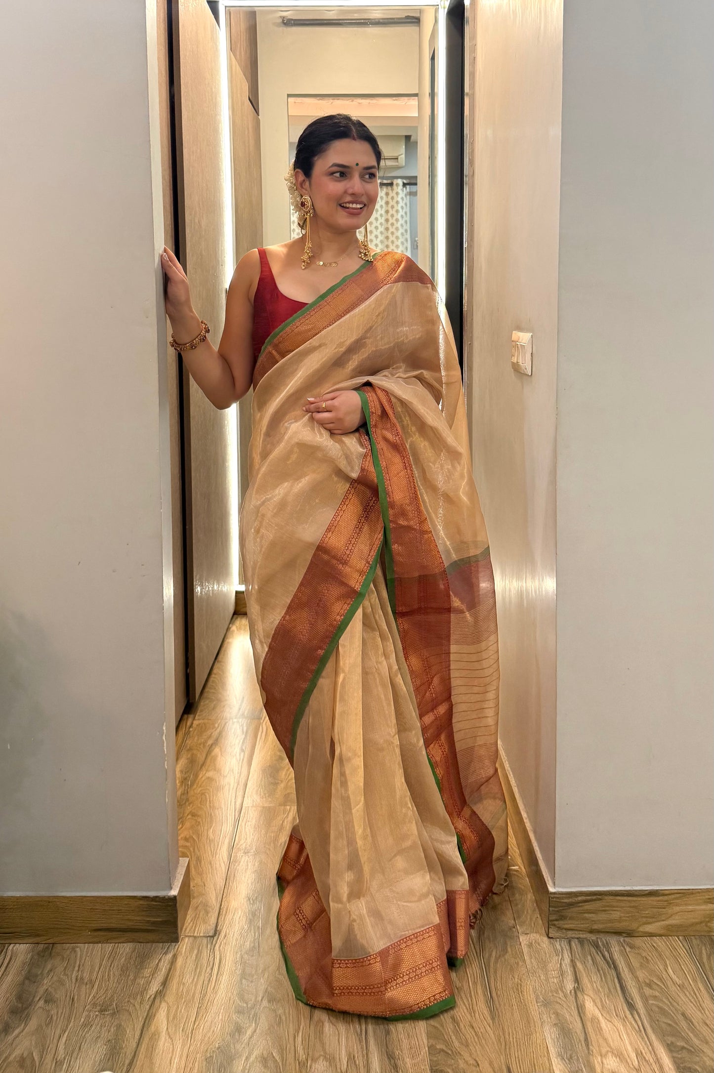 Gold Red & Green Maheshwari tissue saree with zari pattern on pallu