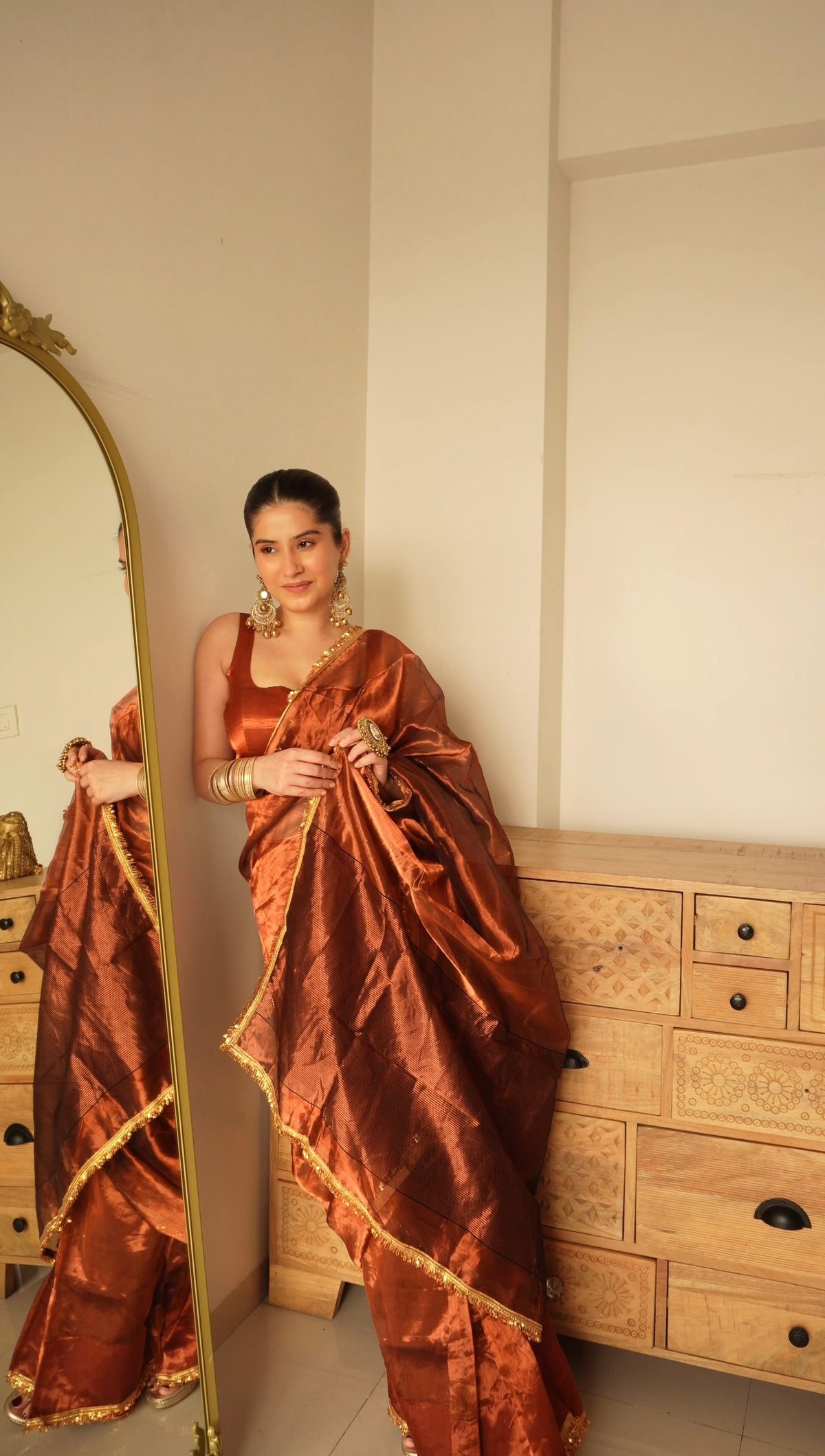 Molten Copper chanderi tissue silk saree with kiran border