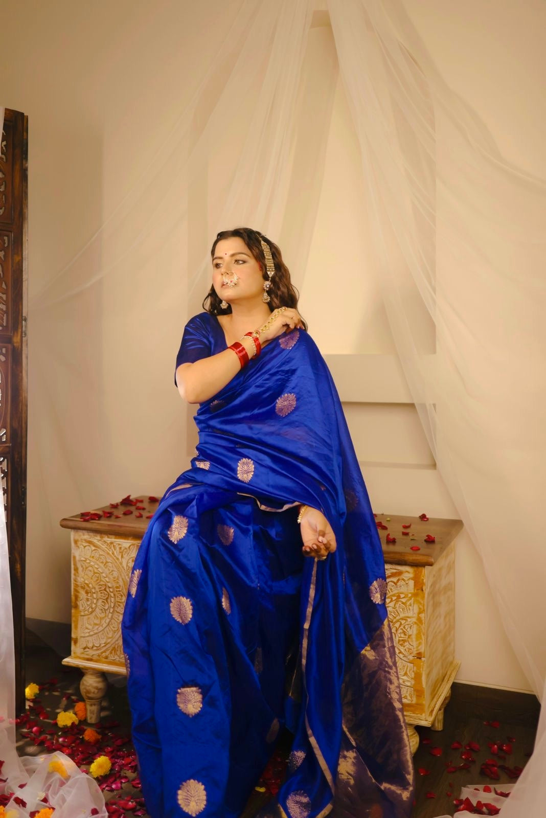 Royal blue chanderi silk saree with mor-motifs all over