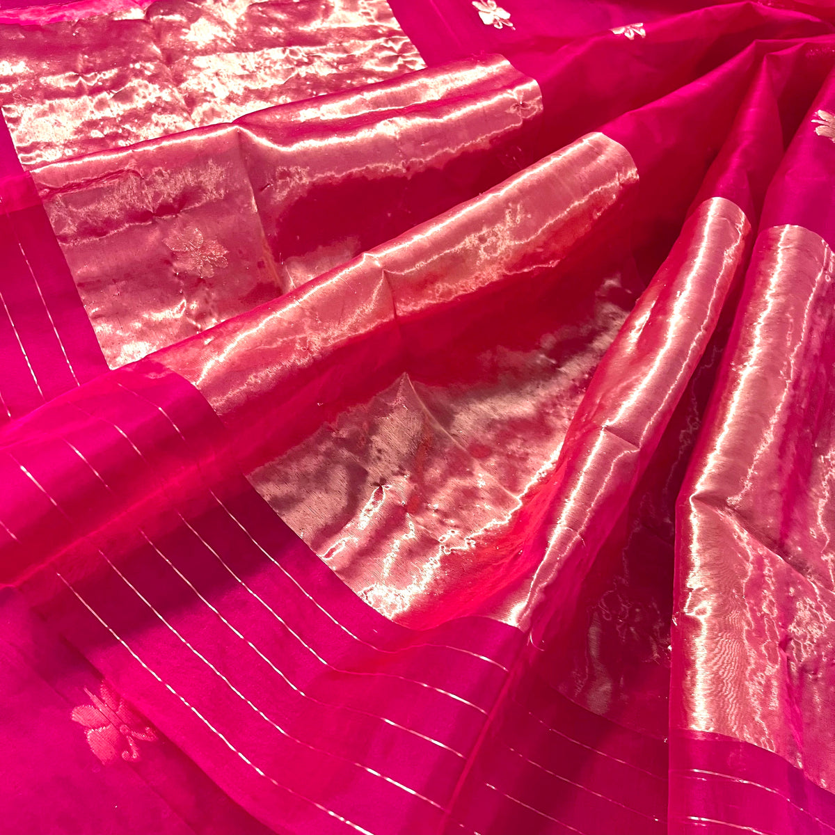 Rani pink Chanderi silk saree with butterfly motifs all over