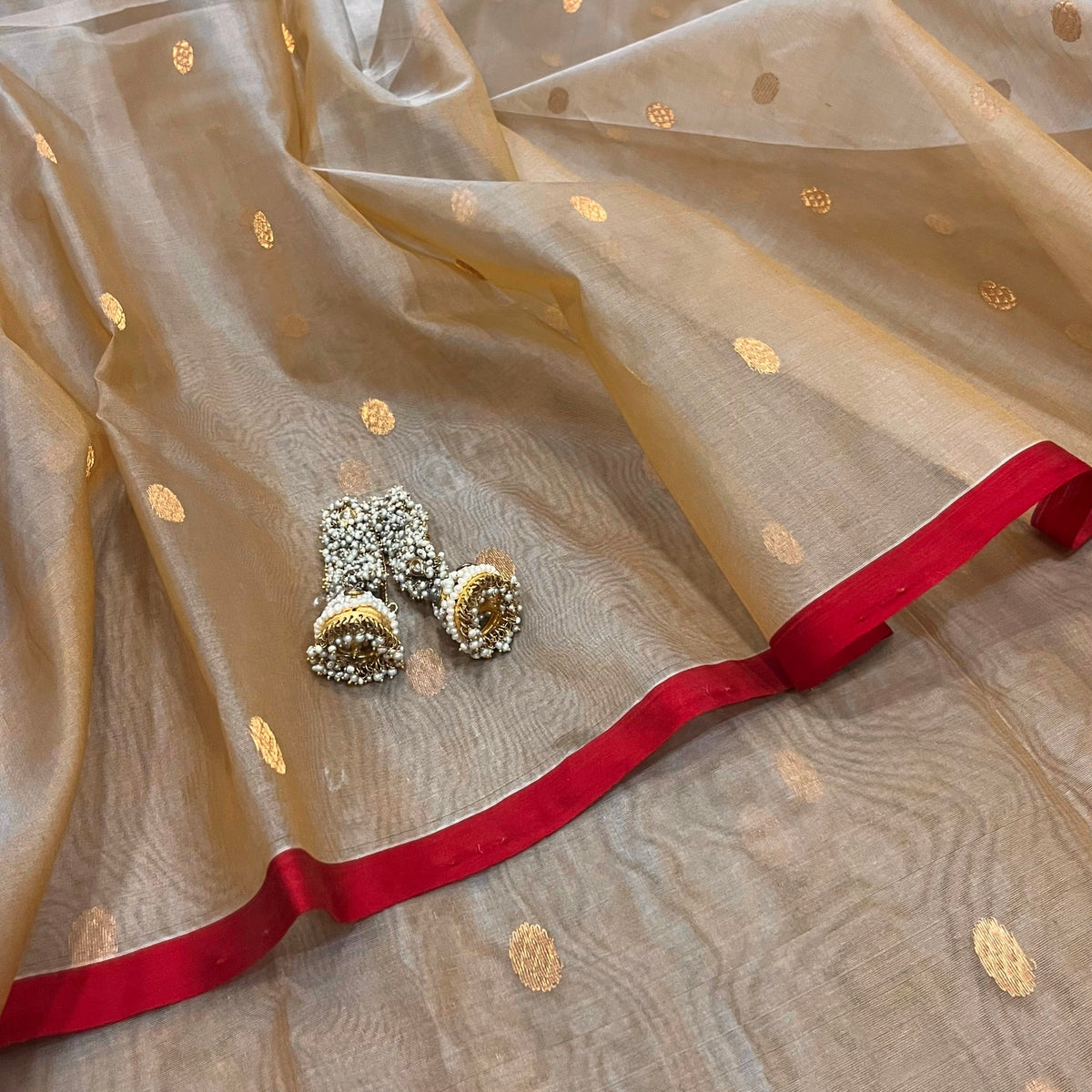 Beige gold and red Chanderi silk saree with zari bootis all over