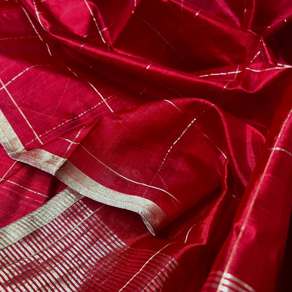 Deep red chanderi silk saree with zari checks all over