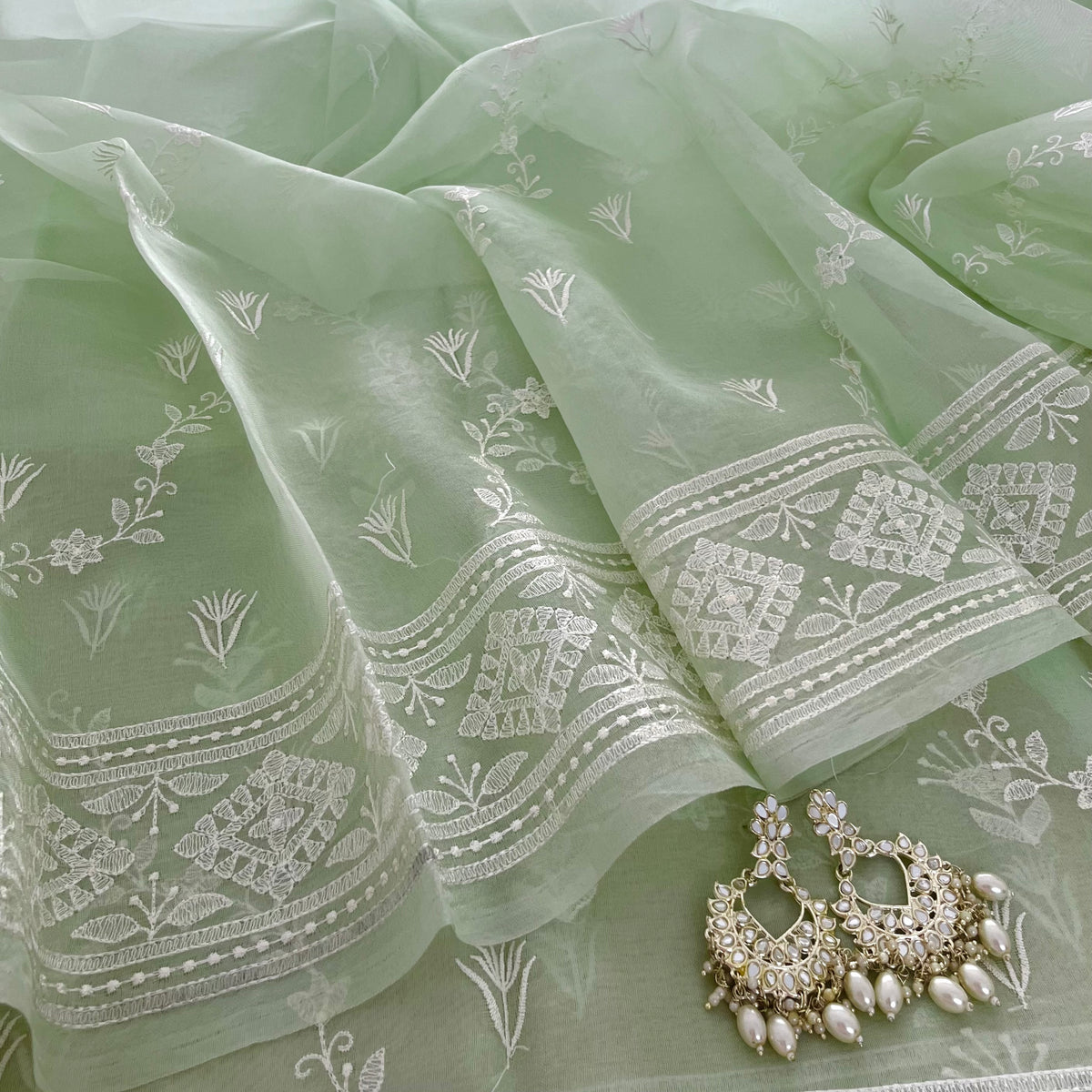 Sea Green Banarasi Organza Silk Saree with Threadwork all over