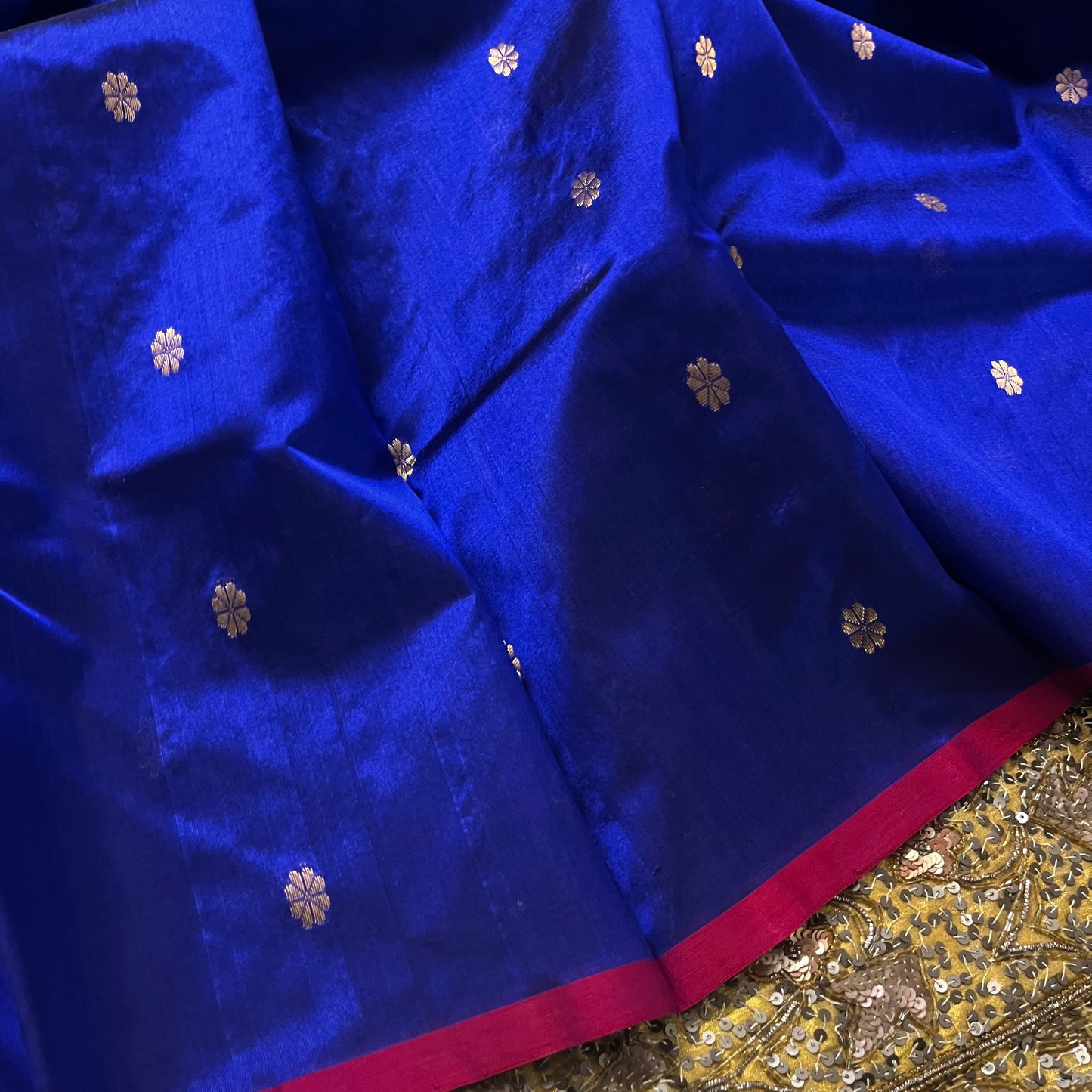 Dark blue Chanderi silk saree with flower bootis all over