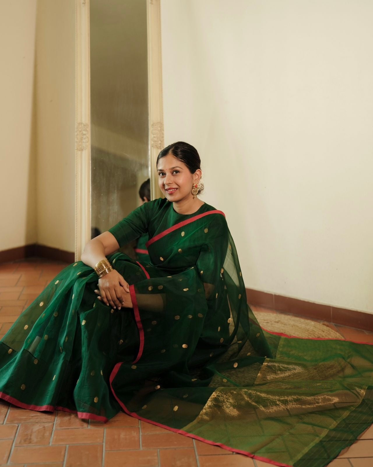 Green & red Chanderi silk saree with zari bootis all over