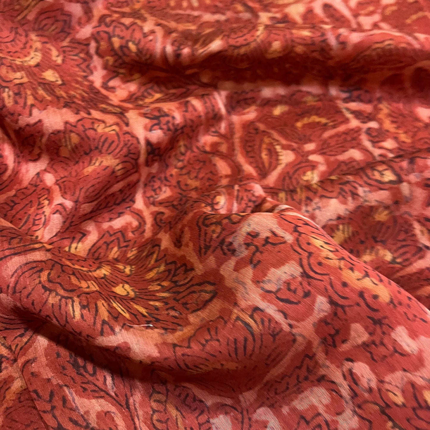 Rust Maheshwari saree with ajrakh print all over