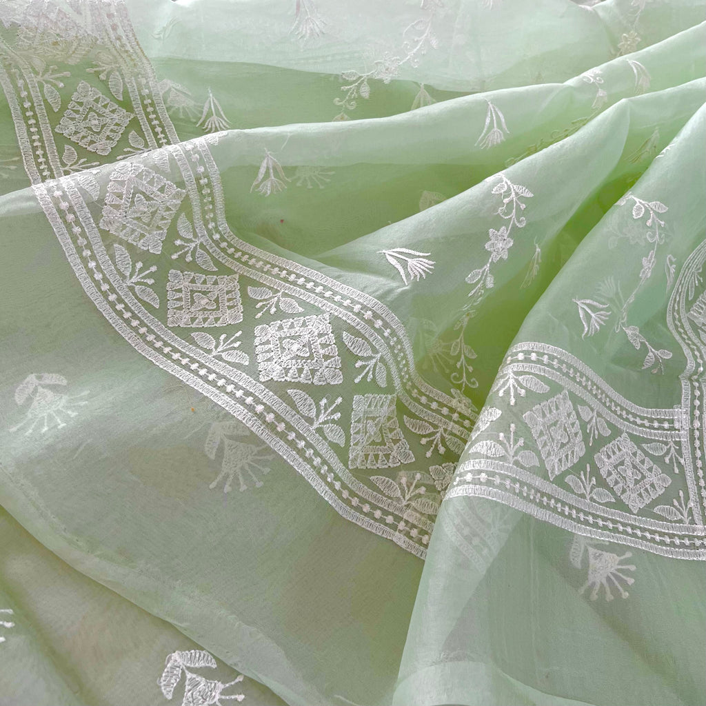 Sea Green Banarasi Organza Silk Saree with Threadwork all over