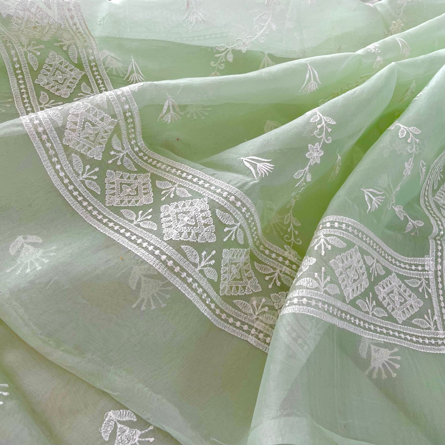 Sea green Banarasi organza silk saree with Threadwork all over