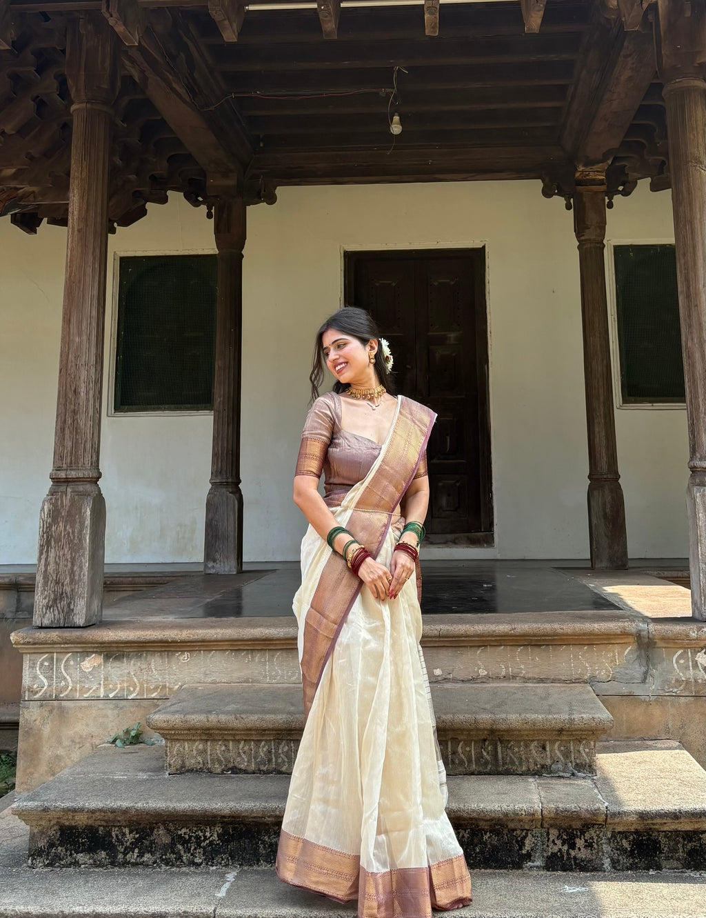 Ready to wear | Cream & Violet Maheshwari tissue silk saree with antique gold zari border