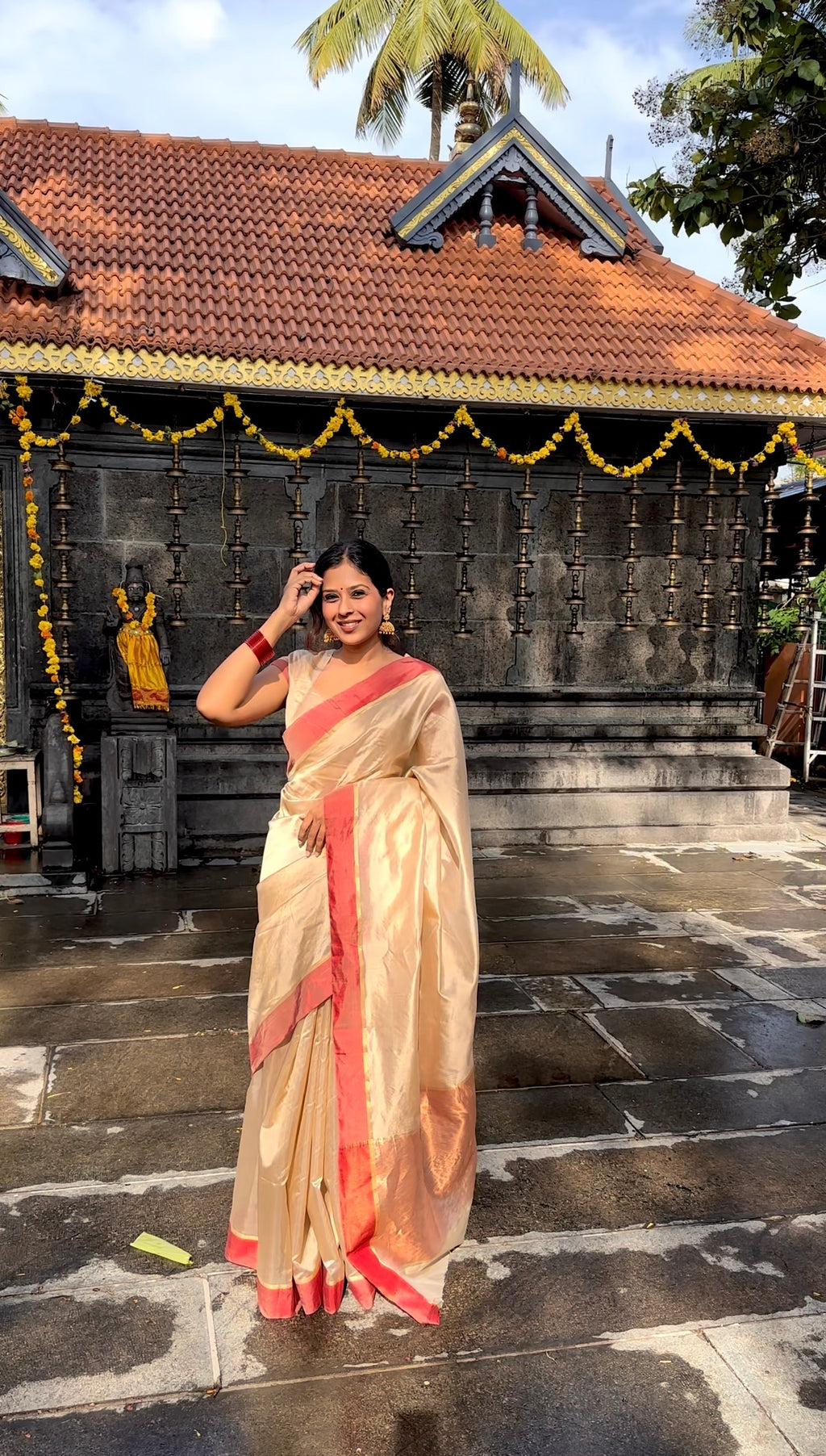 Beige & Red Chanderi Silk Saree with Zari Lines on Pallu