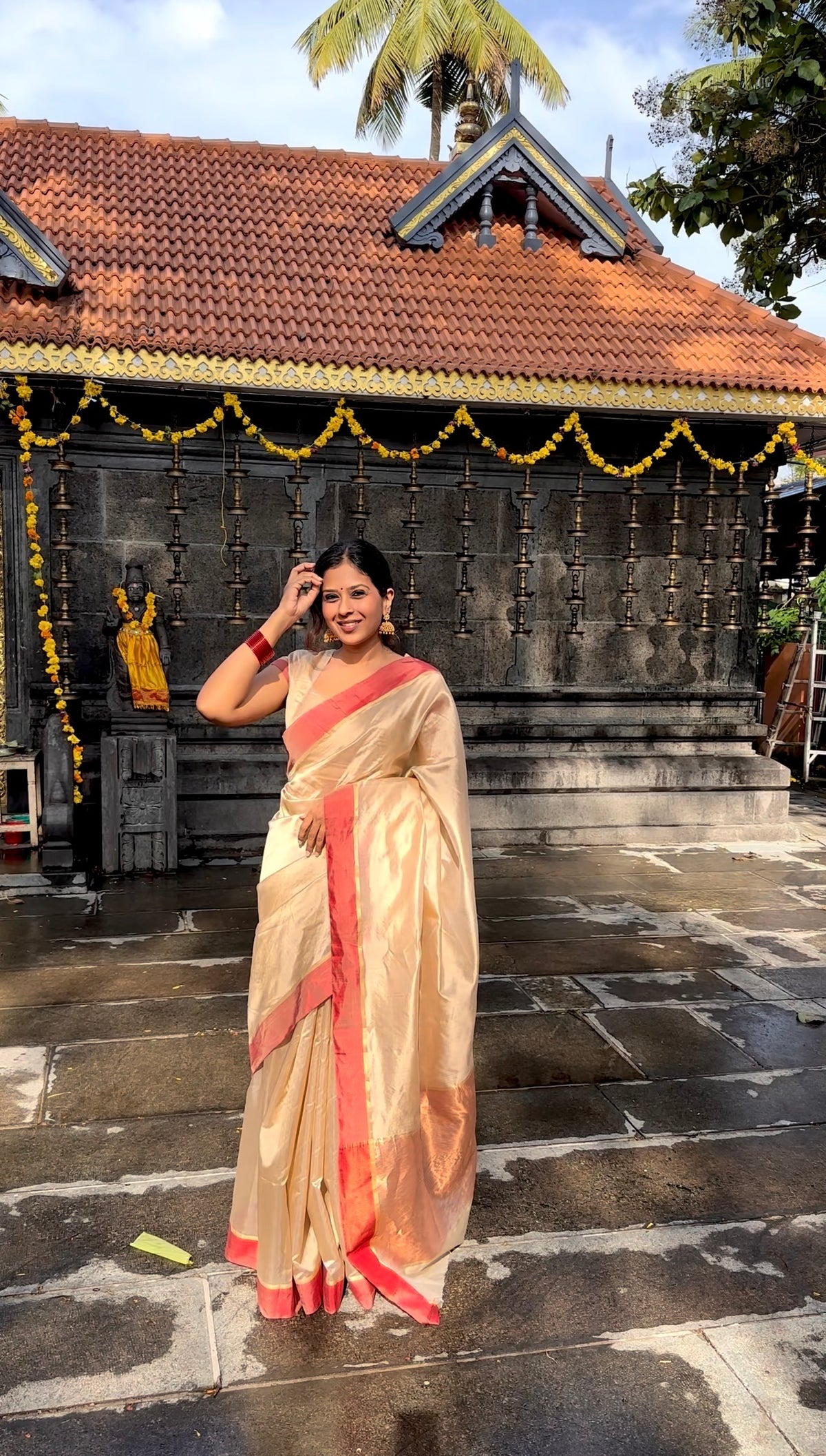 Beige & Red Chanderi Silk Saree with Zari Lines on Pallu