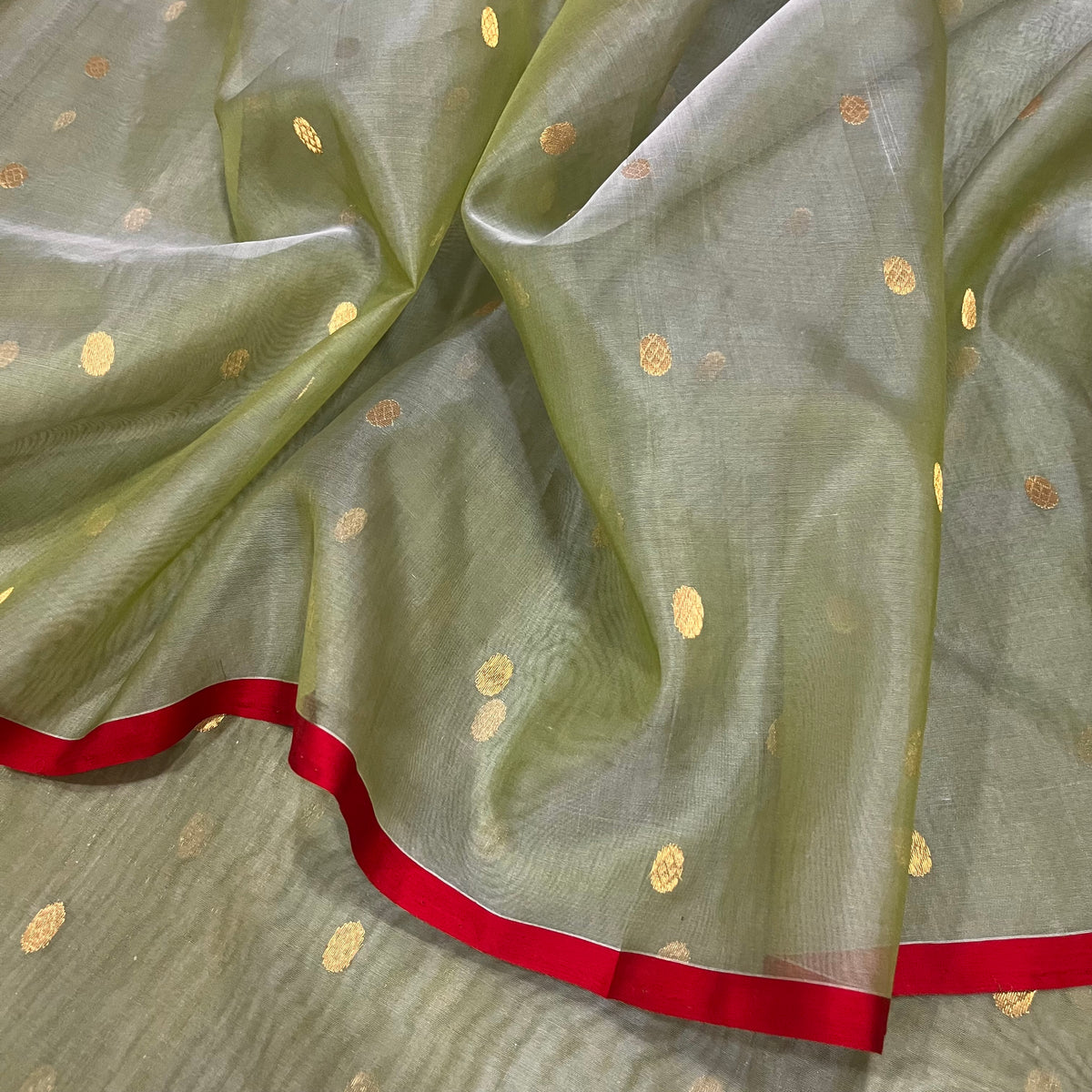 Olive gold & red Chanderi silk saree with zari bootis all over