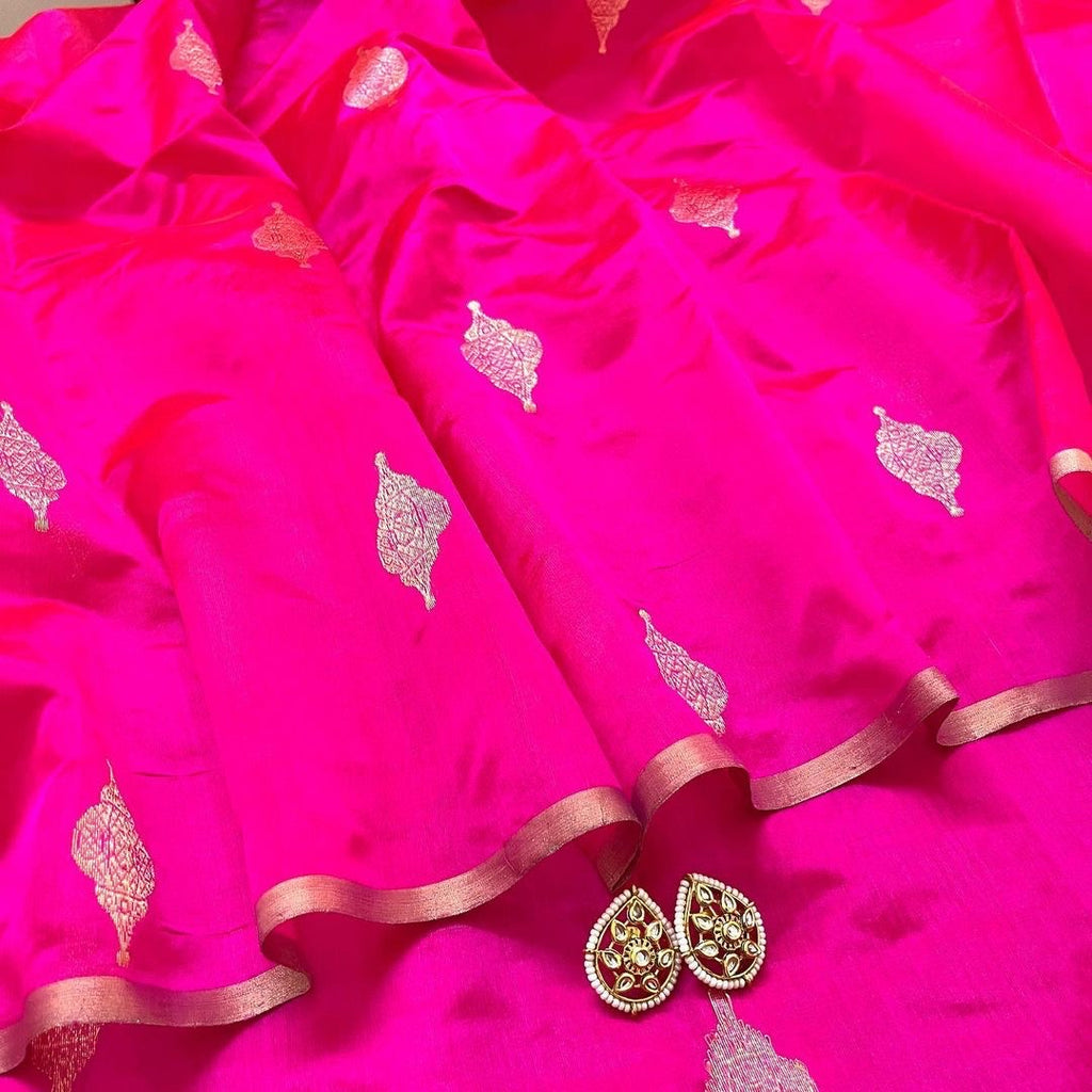 Rani pink chanderi silk saree with jhoomar motifs all over