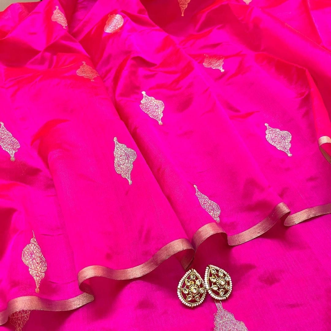 Rani pink chanderi silk saree with jhoomar motifs all over