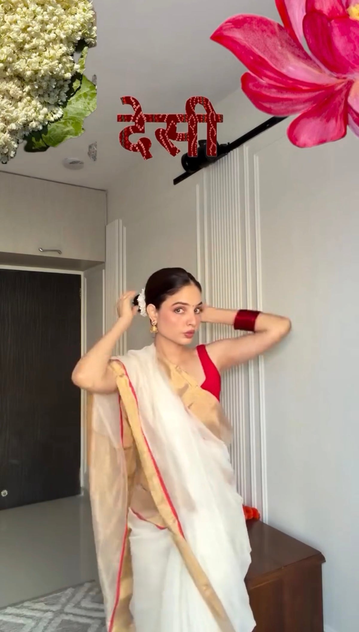 Off white & red maheshwari saree with zari lines on pallu