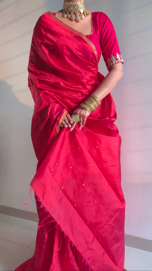 Crimson red chanderi silk saree with zari bootis all over