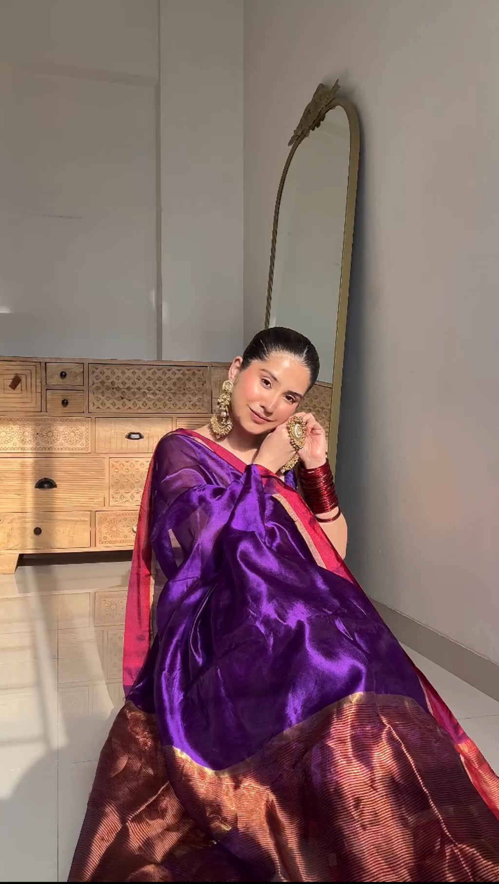 Ready to wear | Dark Purple Plum Chanderi silk saree with zari lines on pallu