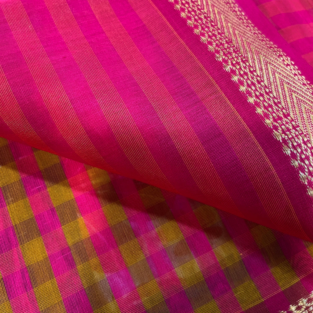 Pink and Olive Maheshwari checkered saree with zari border