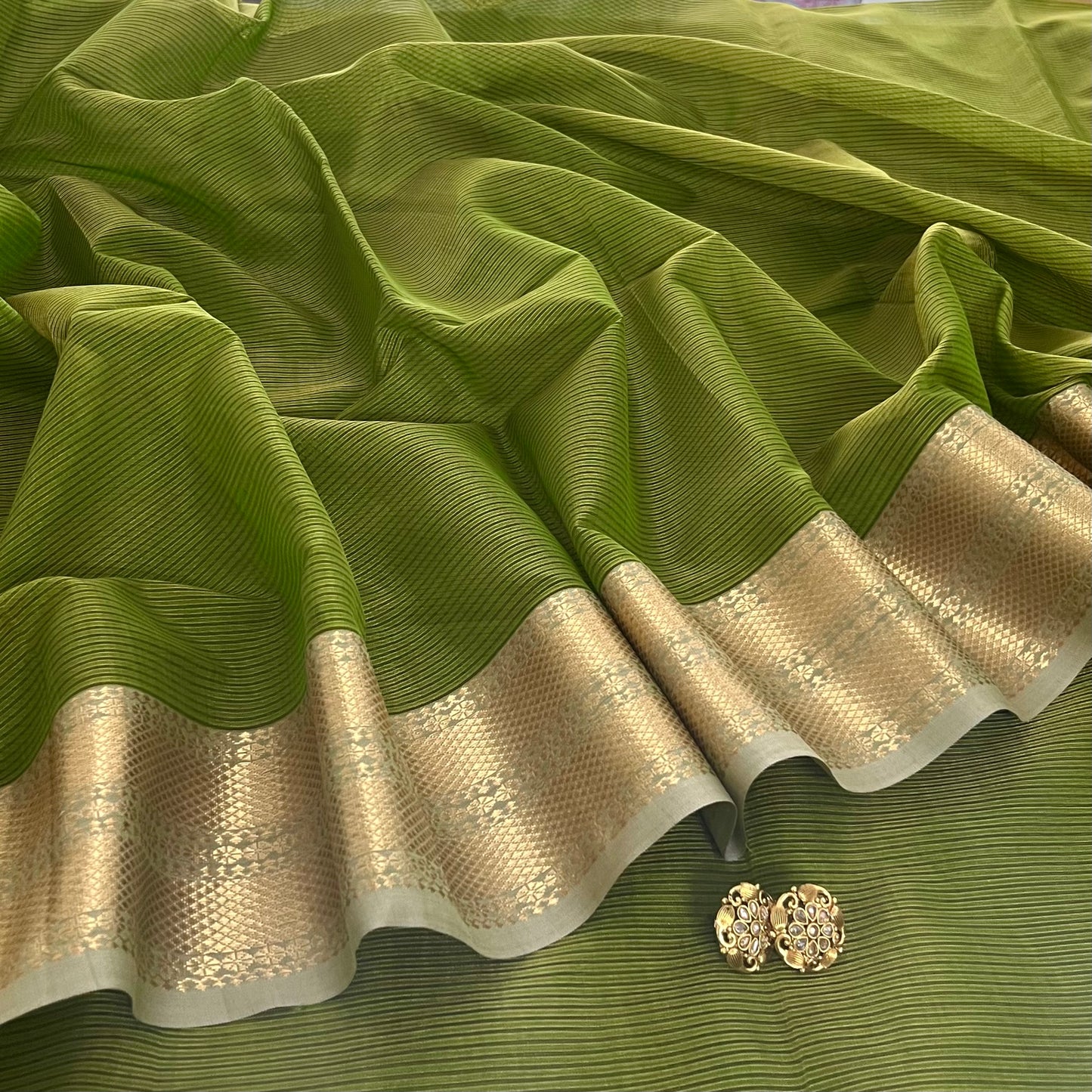 Moss green Maheshwari saree with zari border