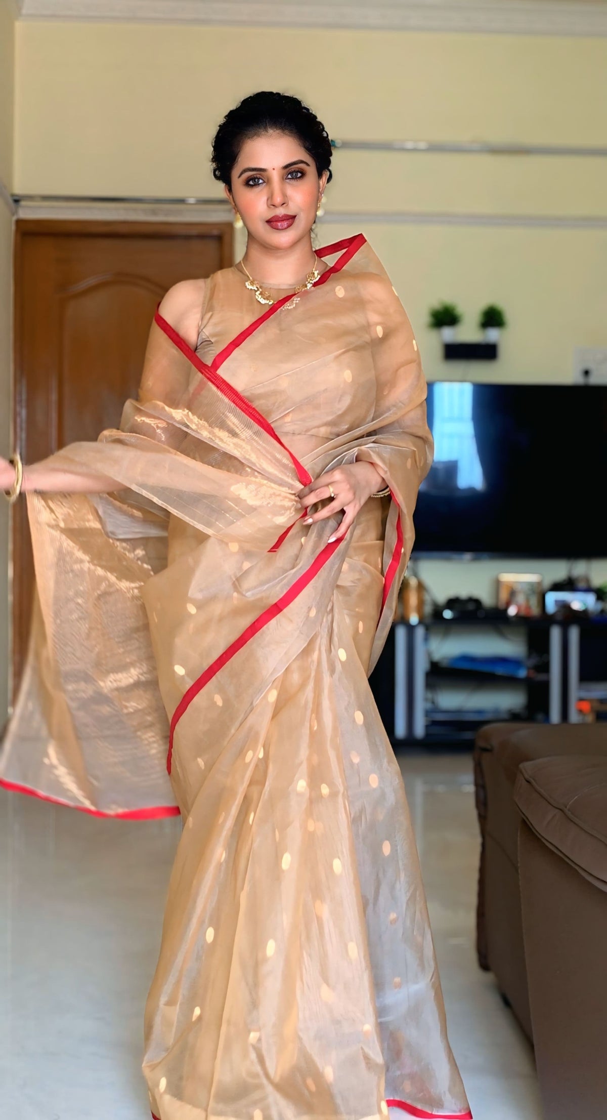 Beige gold and red Chanderi silk saree with zari bootis all over