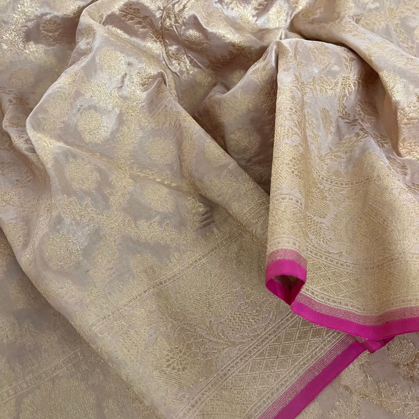 Sand and pink Banarasi katan silk saree with zari jaal work all over