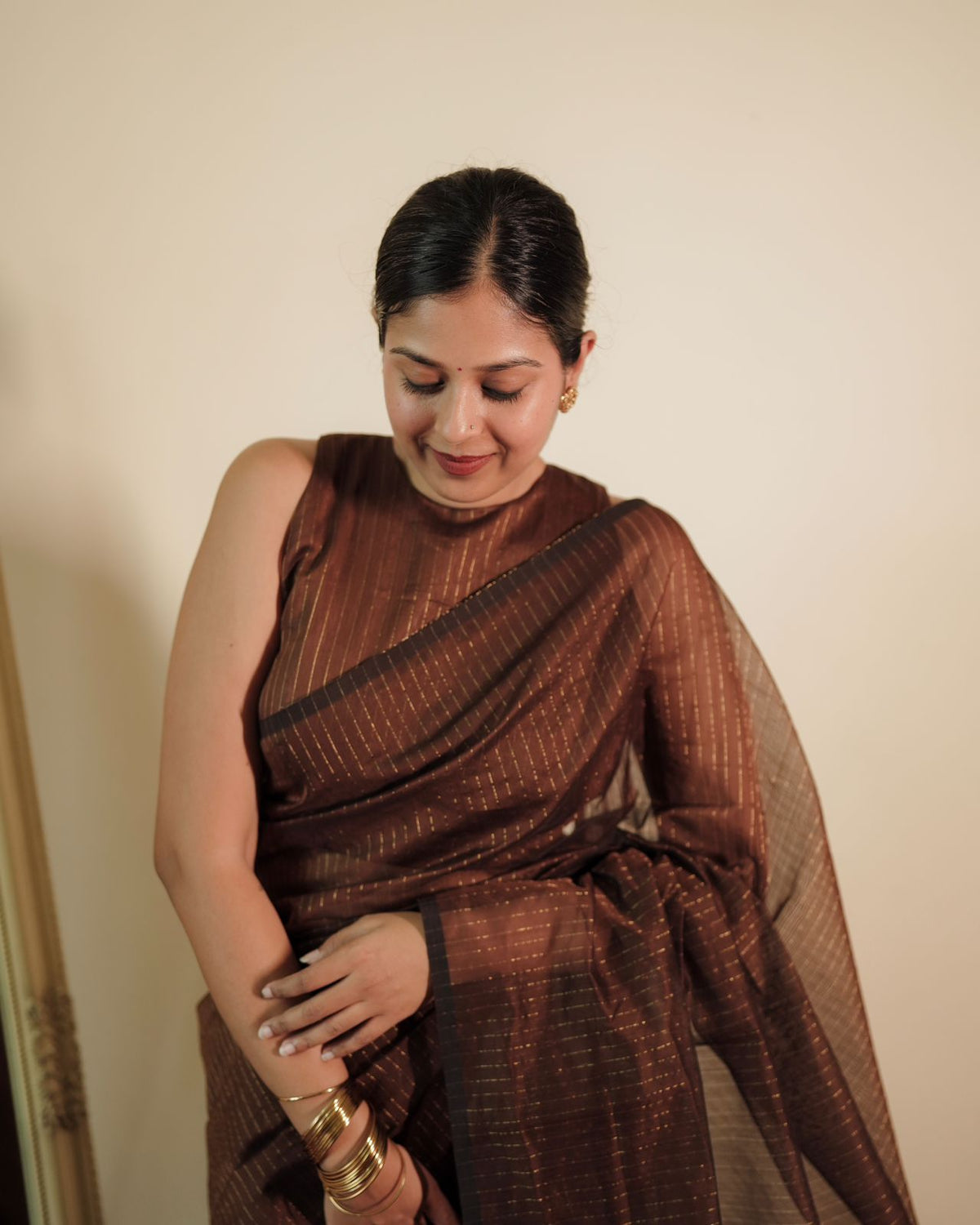 Chocolate Brown Maheshwari Saree with Zari Lines all over