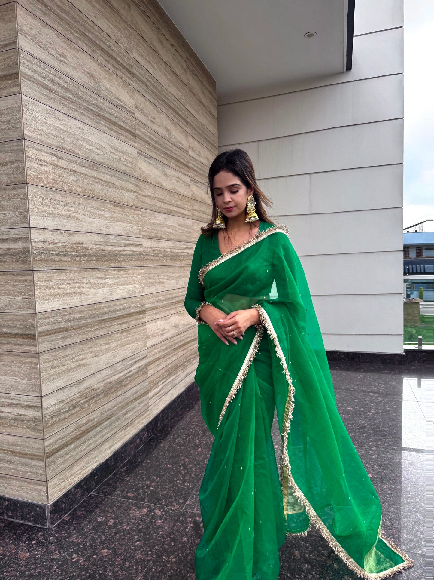Emerald Green Chanderi silk saree with zari bootis all over