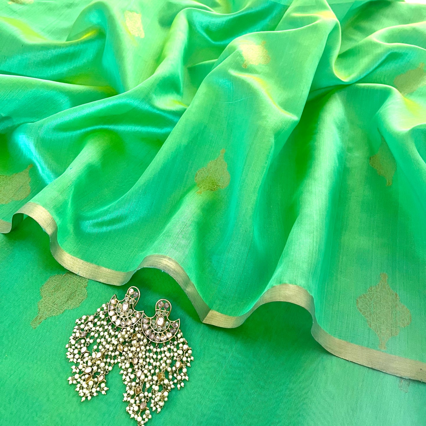 Sea green dual tone Chanderi silk saree with jhoomar motifs all over