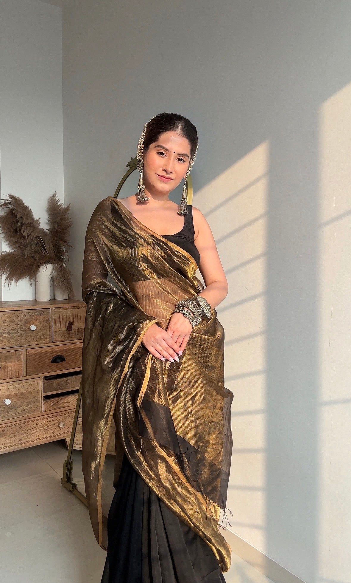 Black & Gold Maheshwari Saree with Zari Border