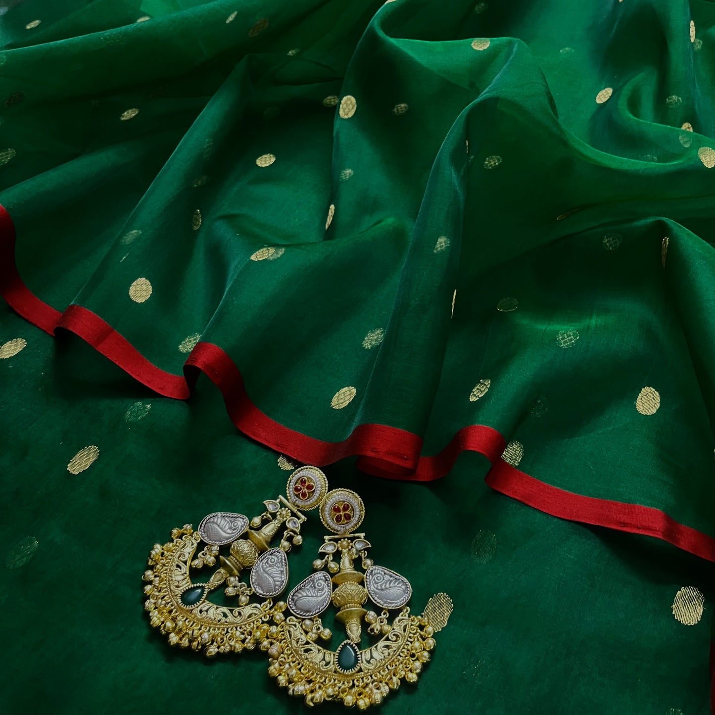 Green & red Chanderi silk saree with zari bootis all over