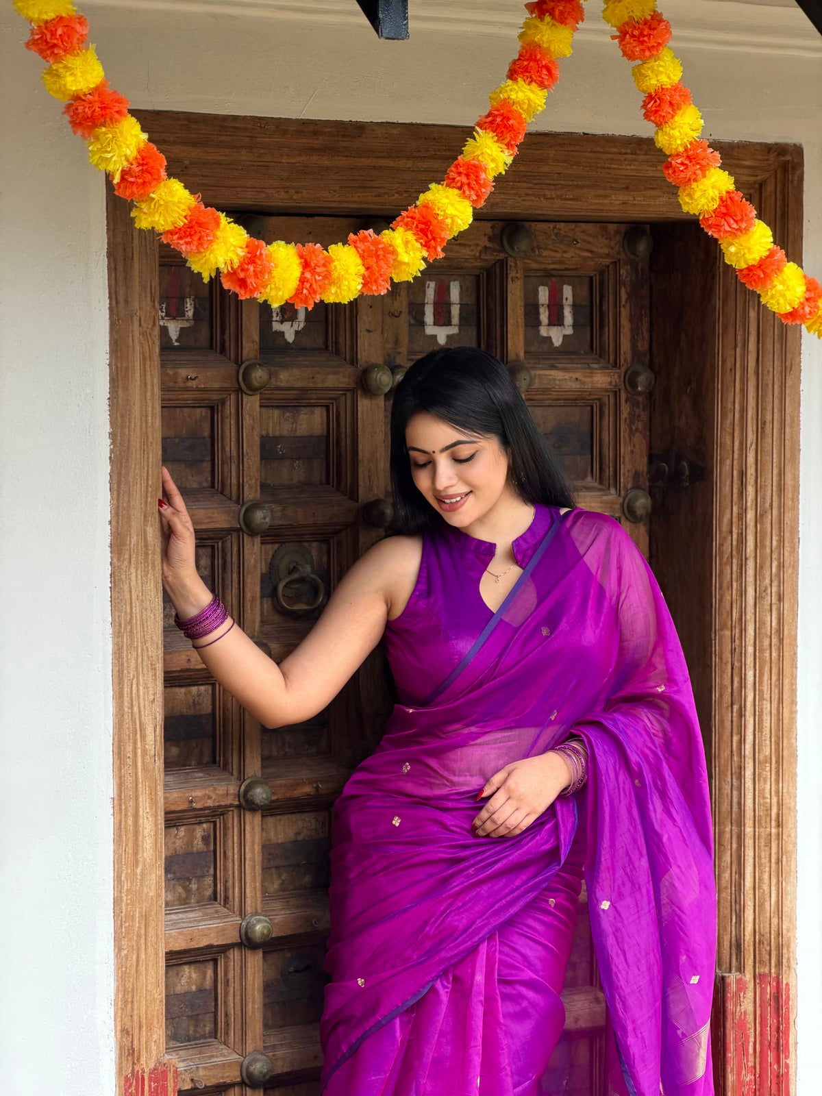 Shop the look | Violet Dual Tone Maheshwari Saree with Zari Bootis all over