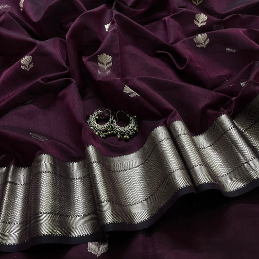 Deep wine Maheshwari saree with flower motifs all over