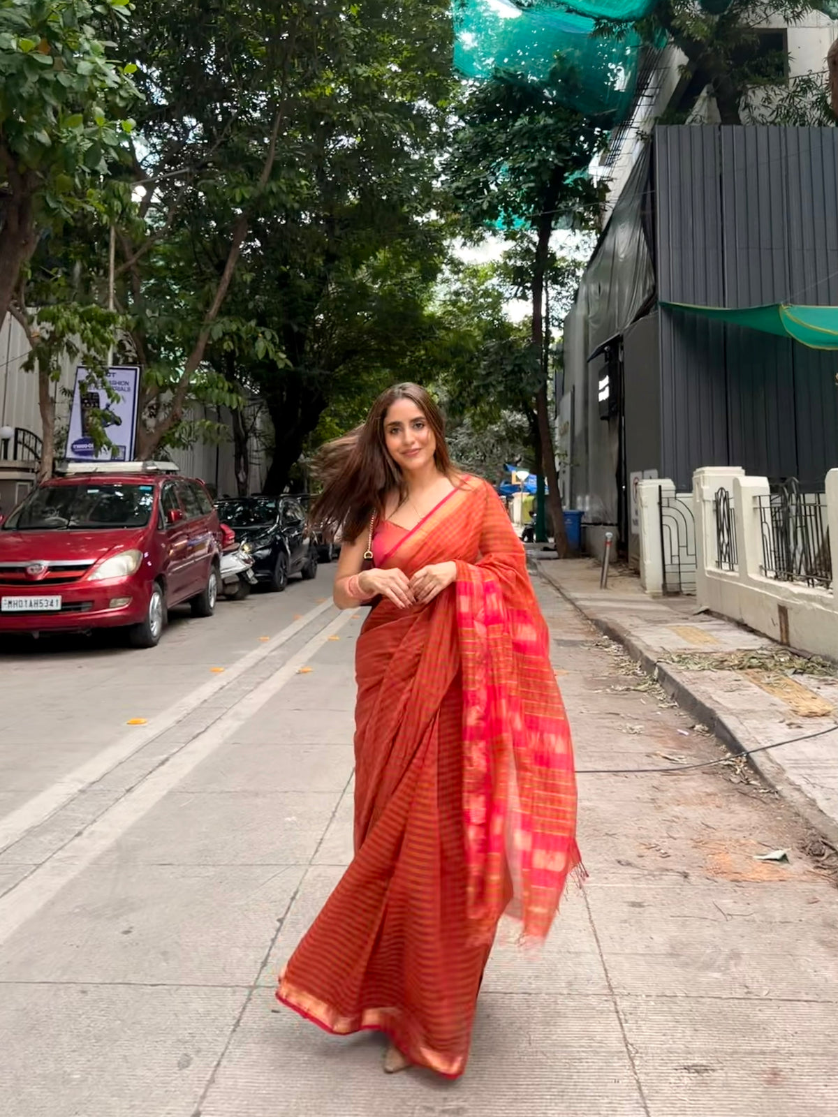 Pink and Olive Maheshwari checkered saree with zari border