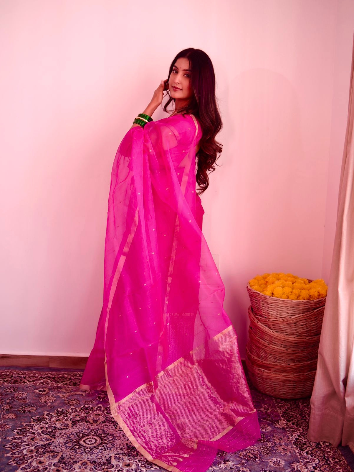 Fuschia pink Chanderi silk saree with zari bootis all over