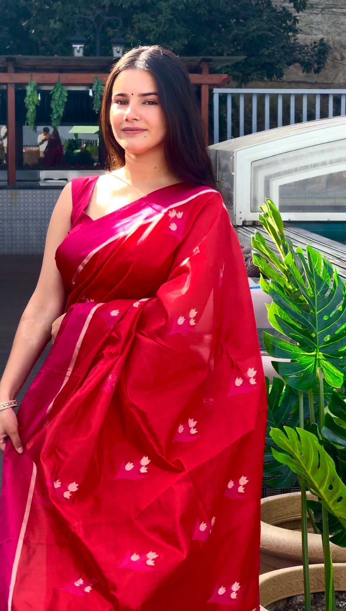 Red and pink chanderi saree with flower motifs all over