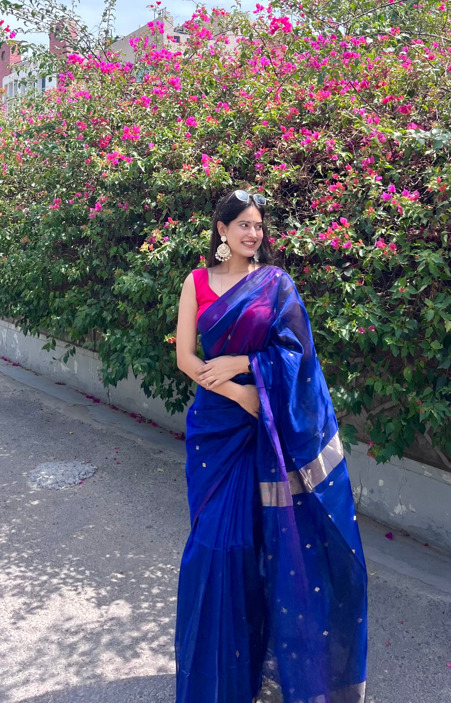 Dark blue maheshwari saree with zari bootis all over