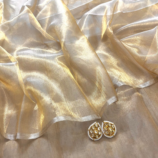 Molten gold chanderi tissue silk saree with zari lines on pallu