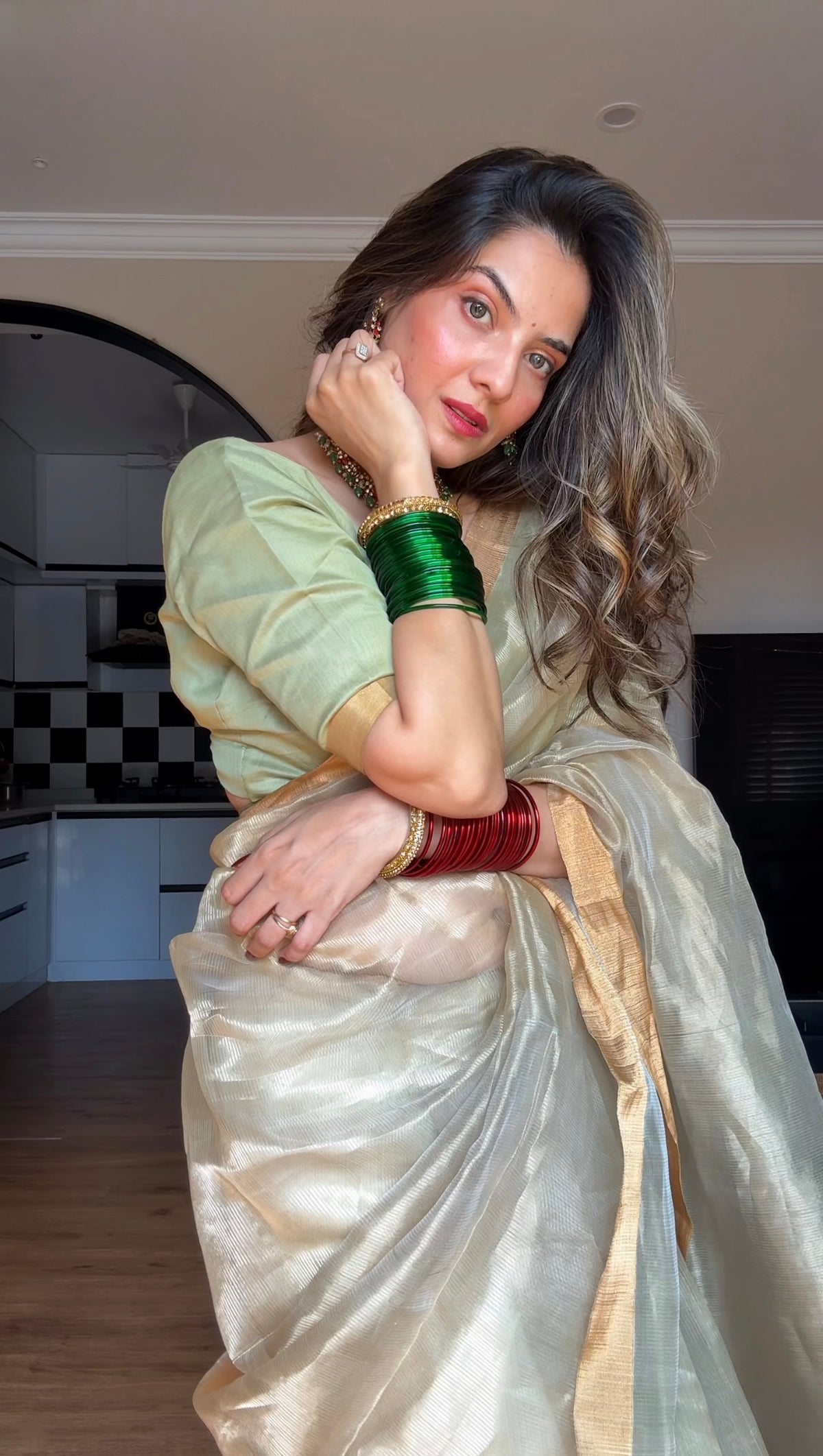 Olive Gold Maheshwari Saree with Zari lines all over